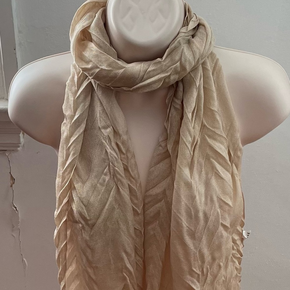 Beige pleated textured acrylic semi sheer scarf with fringe trim, size 69»x15”